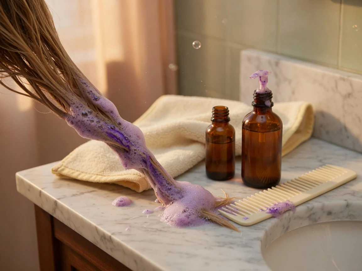Purple shampoo lather on blonde hair beside amber bottles on a bright vanity
