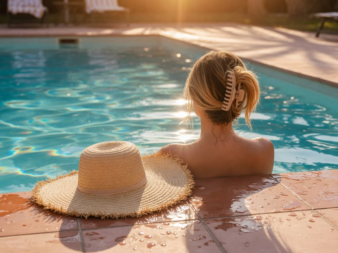 Straw sun hat and clipped-up blonde balayage beside a turquoise Dallas pool