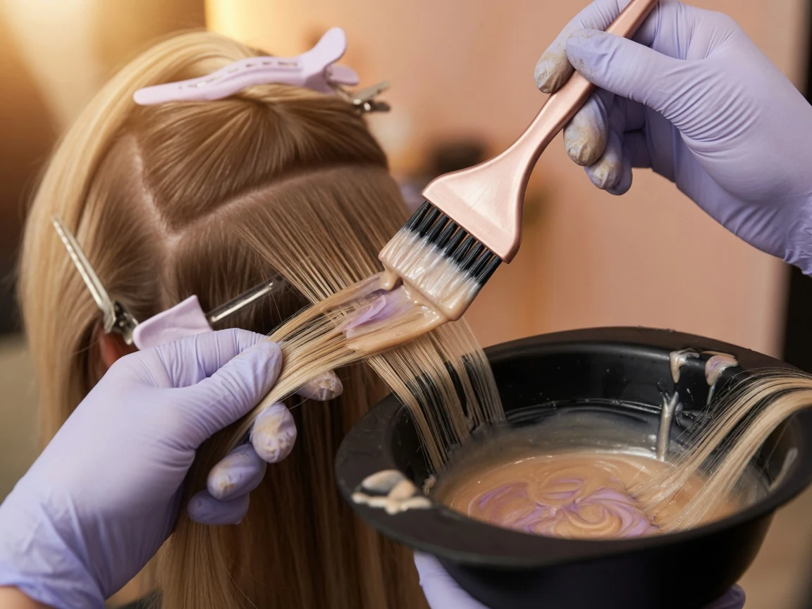 Stylist hands brushing glossy toner onto sectioned blonde balayage in a salon