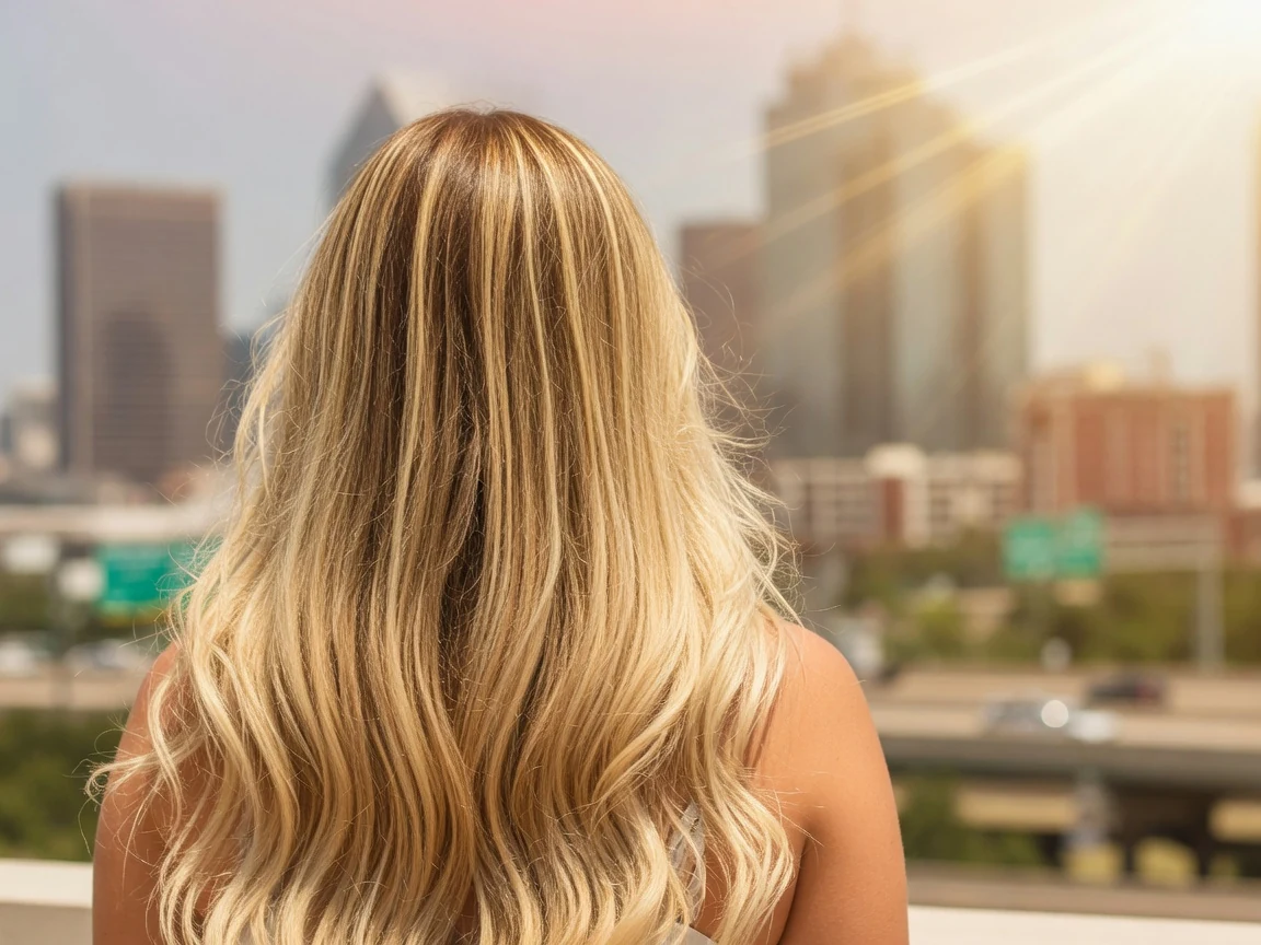 Blonde balayage waves catching harsh midday Texas summer sun outdoors