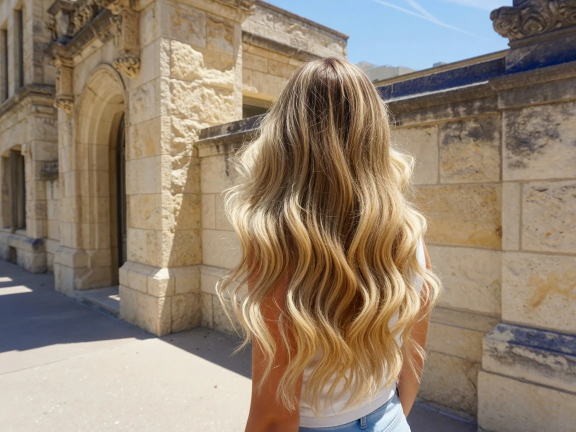 Sun-kissed blonde balayage waves glowing in harsh midday Dallas sunlight