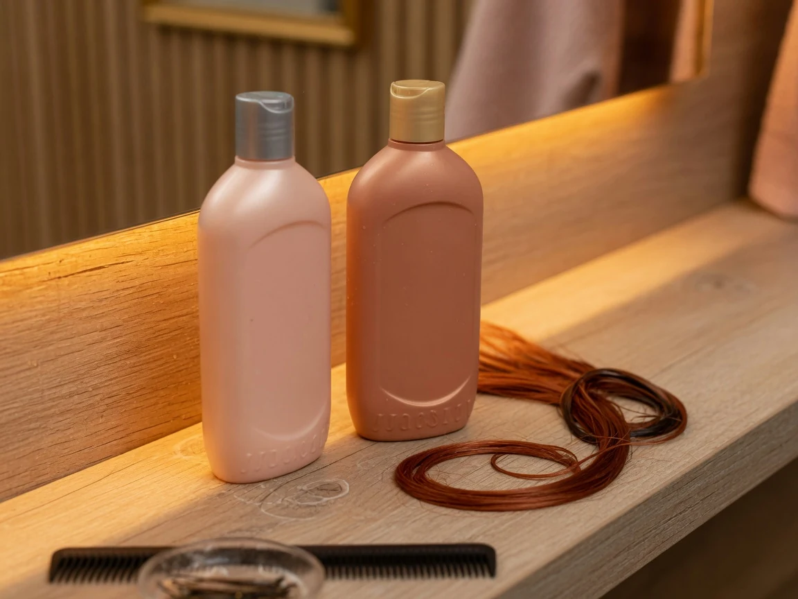 Sulfate-free color care shampoo and conditioner bottles arranged on a salon shelf with warm lighting