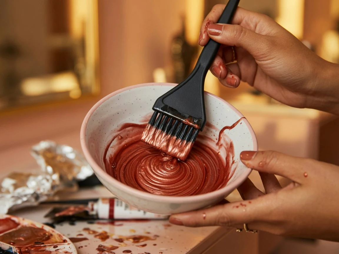 Colorist mixing red toning gloss in a bowl at a Dallas salon color station