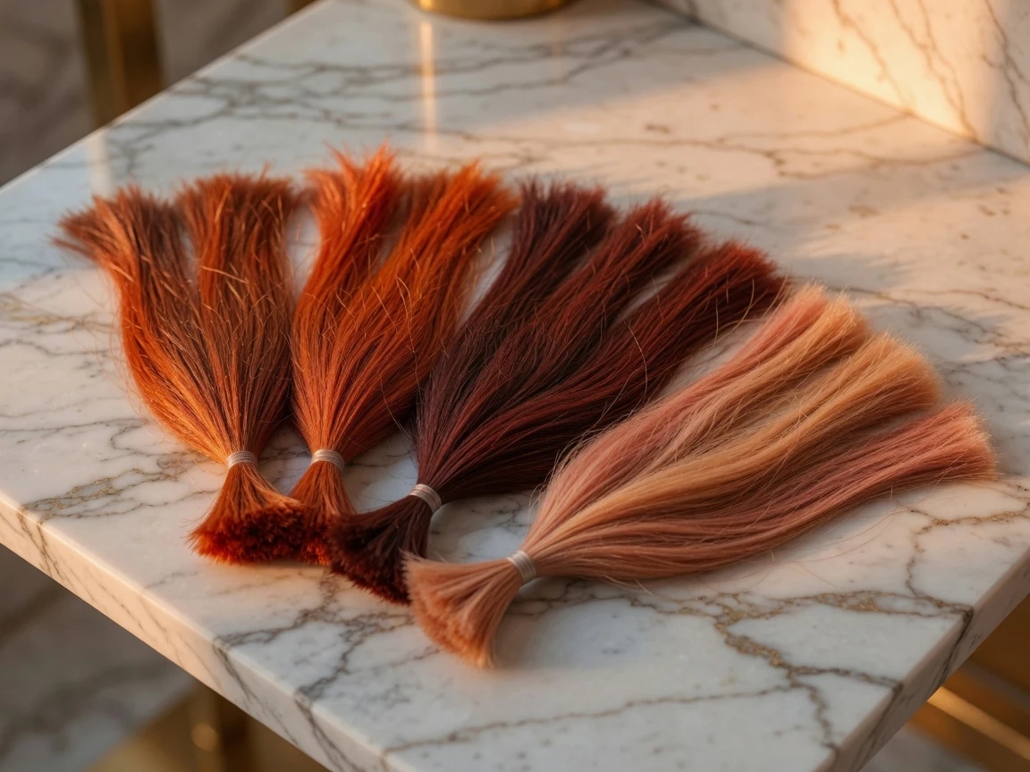 Copper auburn and strawberry blonde hair color swatches displayed in a warm-lit Dallas salon